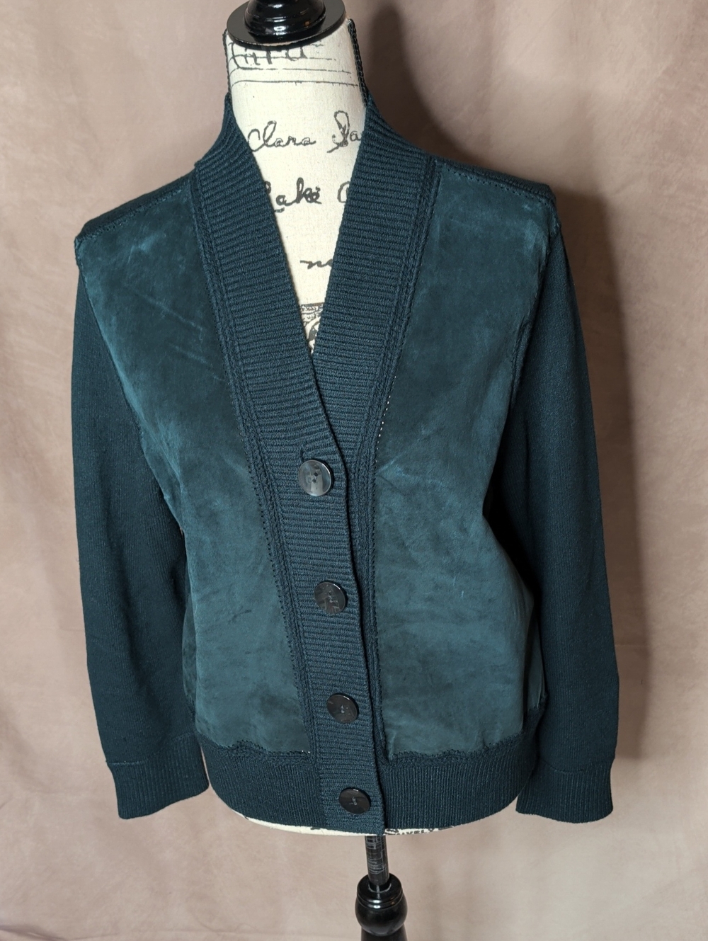 Jones New York Suede and Knit Mixed Media Cardigan in Green Size Large